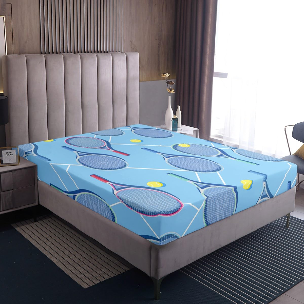 Castle Fairy Tennis Sheet Sets Twin Size,Ball Games Bedding Set 3pcs for Kids Girls Teens Boys Room Decor,Tennis Racket Geometric Lines Bed Sheet Watercolor Blue Fitted Sheet+Flat Sheet+1 Pillowcase