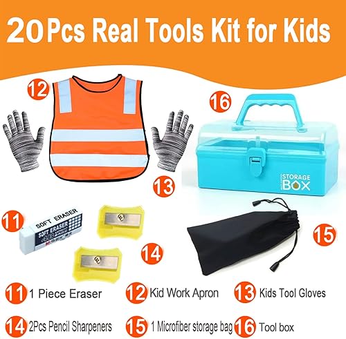Miniatura 4 de Juego de herramientas de construcción para niños, 20 piezas, con caja de herramientas azul y ropa protectora, juego de herramientas de carpintería
