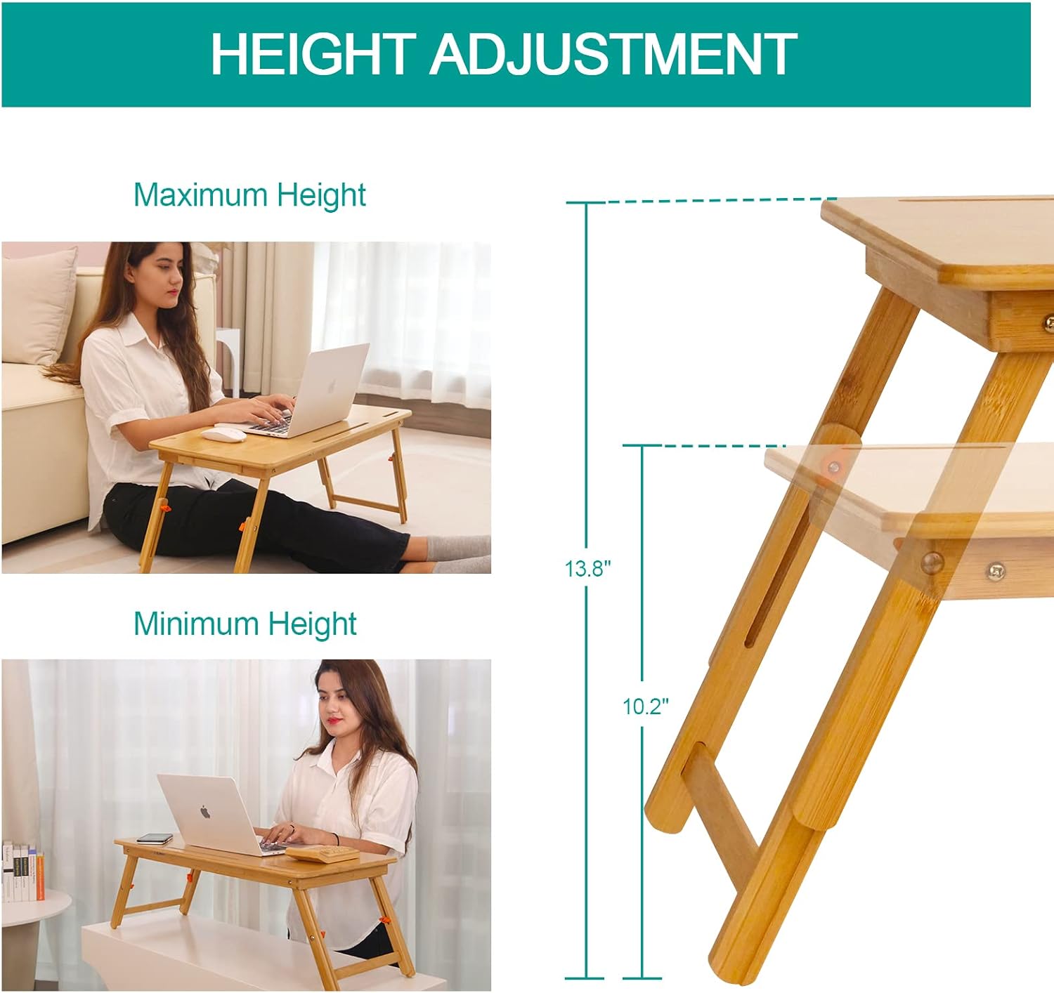 Lap Desk COIWAI Laptop Table Bamboo Writing Eating Bed Tray Adjustable Angle Height Foldable Desk Tray with Tablet Slot Drawer Breakfast Coffee Tea Table for Sofa Couch Floor Large Size image 5