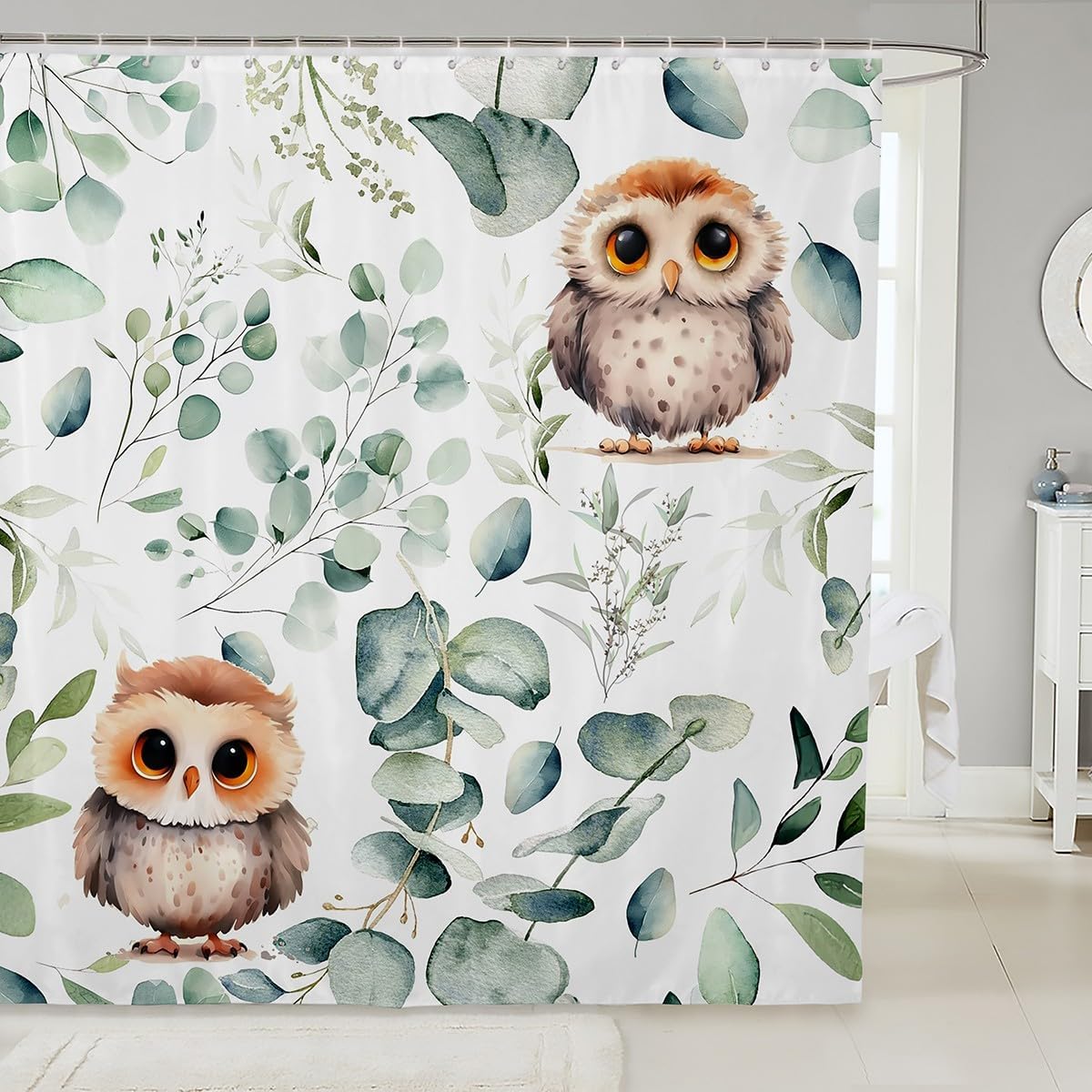Kawaii Rhino Waterproof Bathroom Curtain for Boys Girls Cartoon Animal Bath Curtain, Eucalyptus Leaves Shower Curtain Jungle Wildlife Bathroom Curtains, Tropical Botanical Plants Shower Set