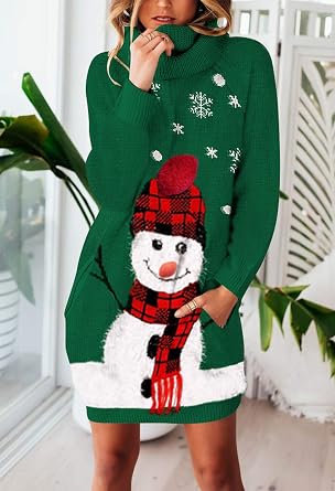 Pink Queen Ugly Christmas Sweater Dresses for Women Oversized Turtleneck Pullover Holiday Dress with Pocket