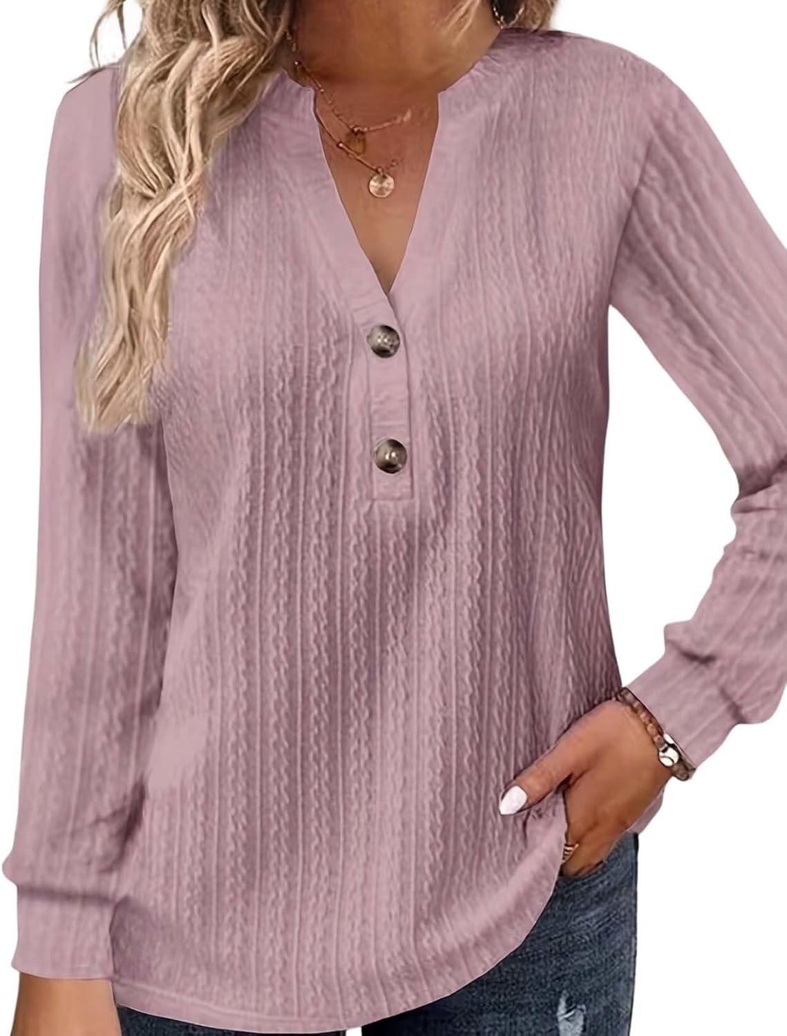 2025 Fashion Must Have Womens Long Sleeve V Neck Henley Shirt Loose Casual Shirt Warm Winter Knitwear