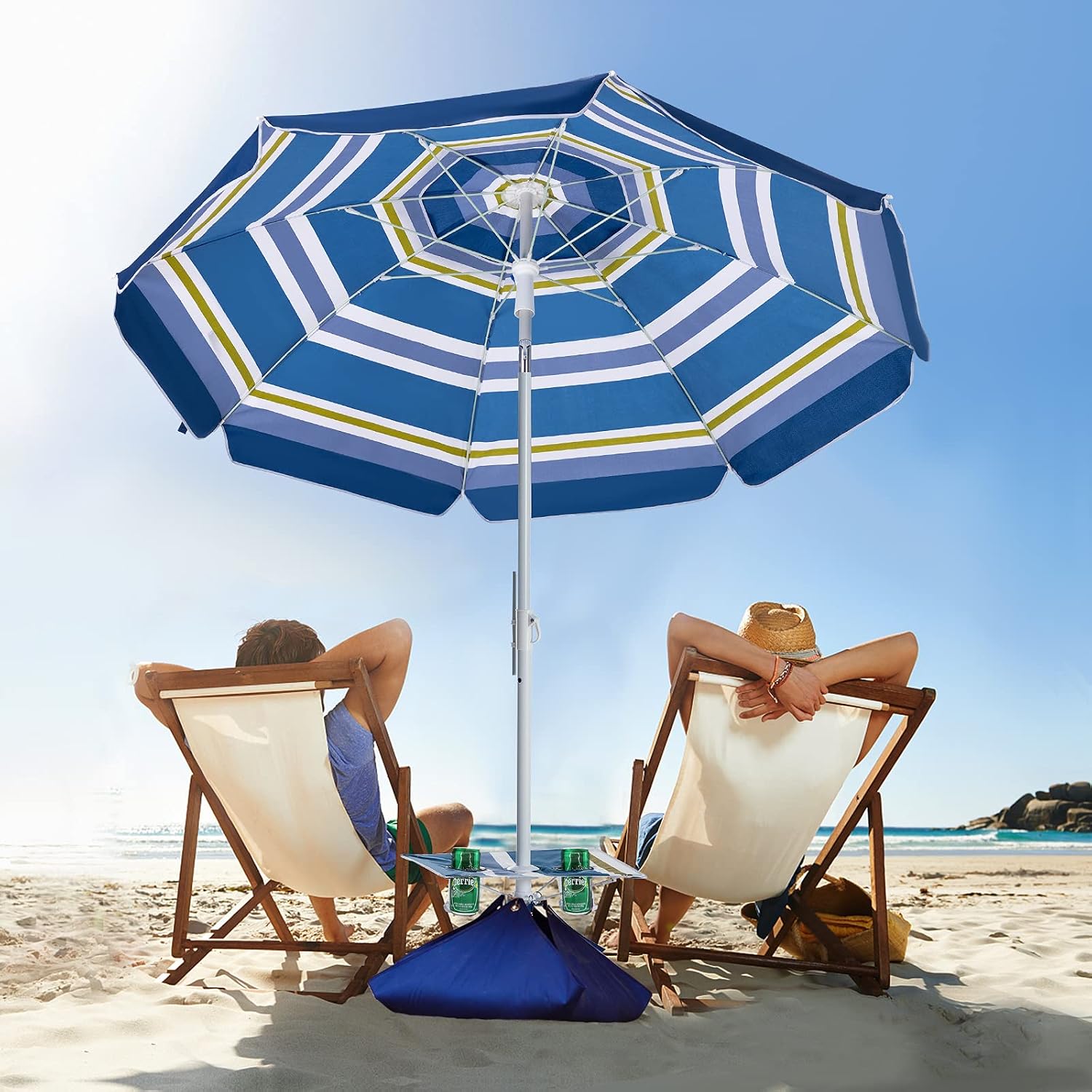 ROWHY 7.5FT Beach Umbrella with Cup Holder and Sand Bags Portable Outdoor Heavy Duty Sunshade Umbrella with Sand Anchor & Tilt System, Wind Resistant for Sand, Beach,Patio,Yard, Blue-Green