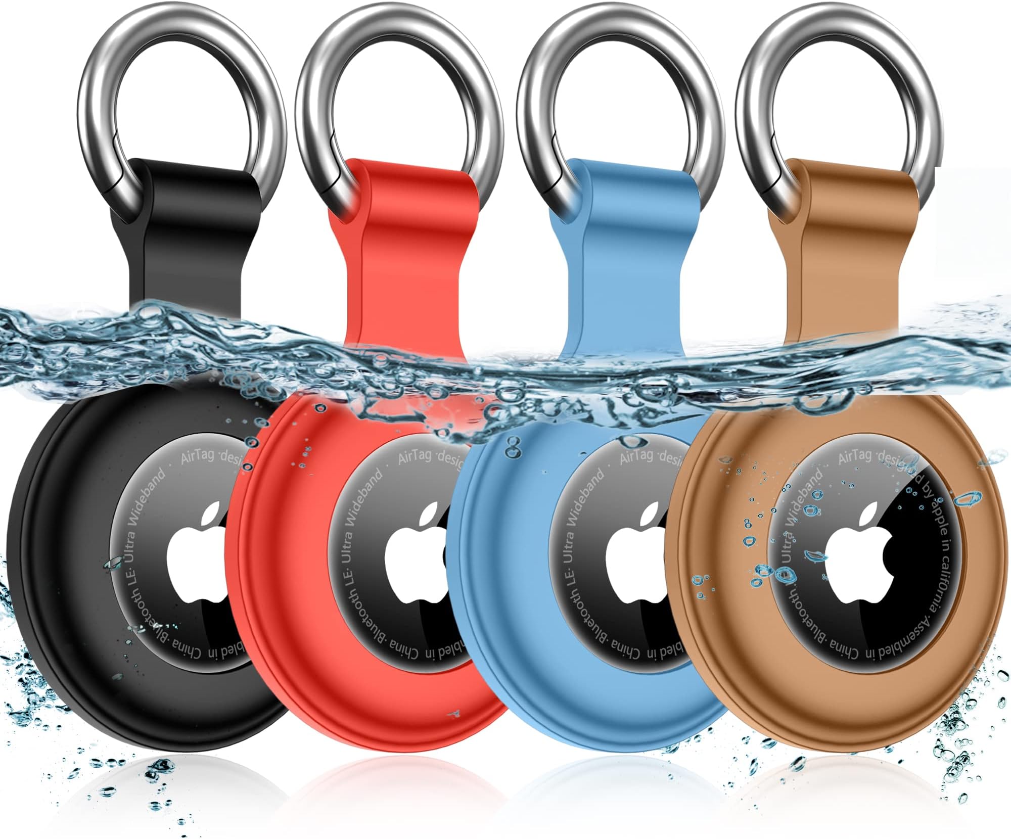 MOZOTER 4 Pack IPX8 Waterproof Airtag Holder Case [PC+Silicone] with Airtag Keychain for Apple Air Tags [Full Body Shockproof] [Anti-Scratch] Airtags GPS Item Finders Case-Black/Brown/Red/Blue