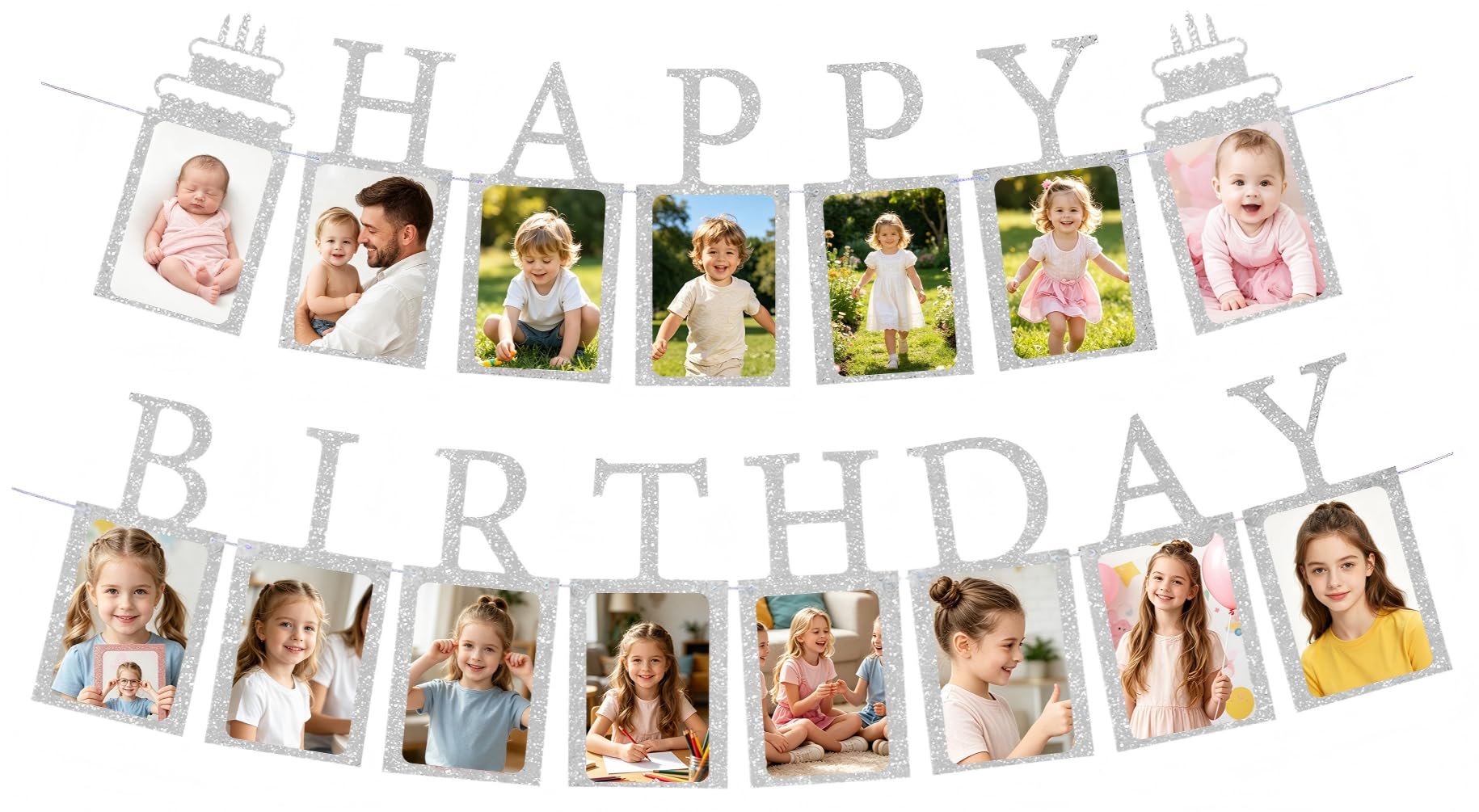 Silver Birthday Photo Banner Picture Milestone Bunting Props for Boys Girls Women Men