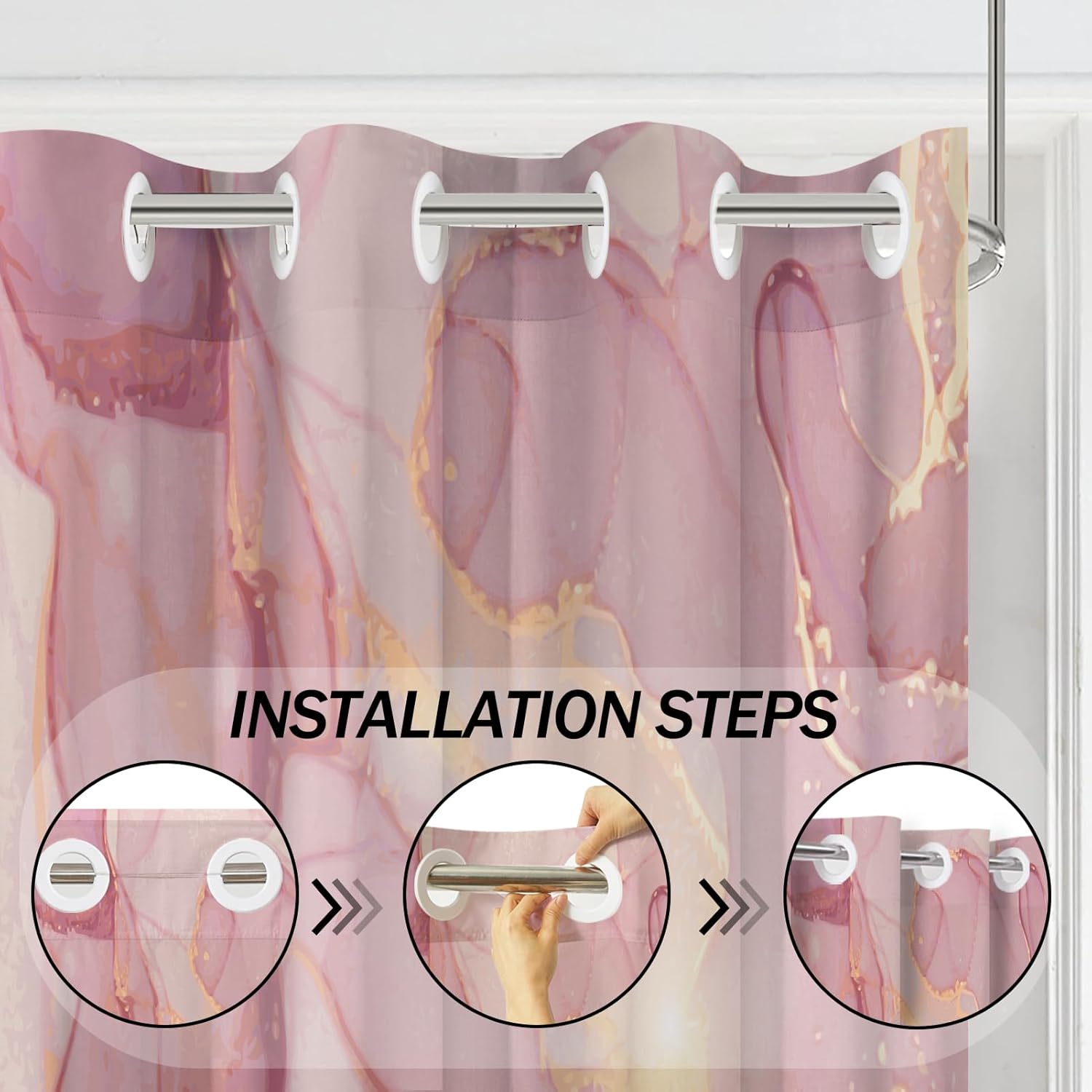 Lnond Pink Marble Shower Curtain,Luxury Marble Waterproof No Hook Shower Curtain for Bathroom Spa Bathtub, 71W x74L(No Liner)