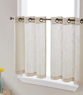 HLC.ME Abbey Faux Linen Cafe Curtain Tiers, 35x36 Inch, Beige, Set of 2 | Textured Fabric, Semi Sheer, Light Filtering, Short Curtain for Small Windows & Kitchen