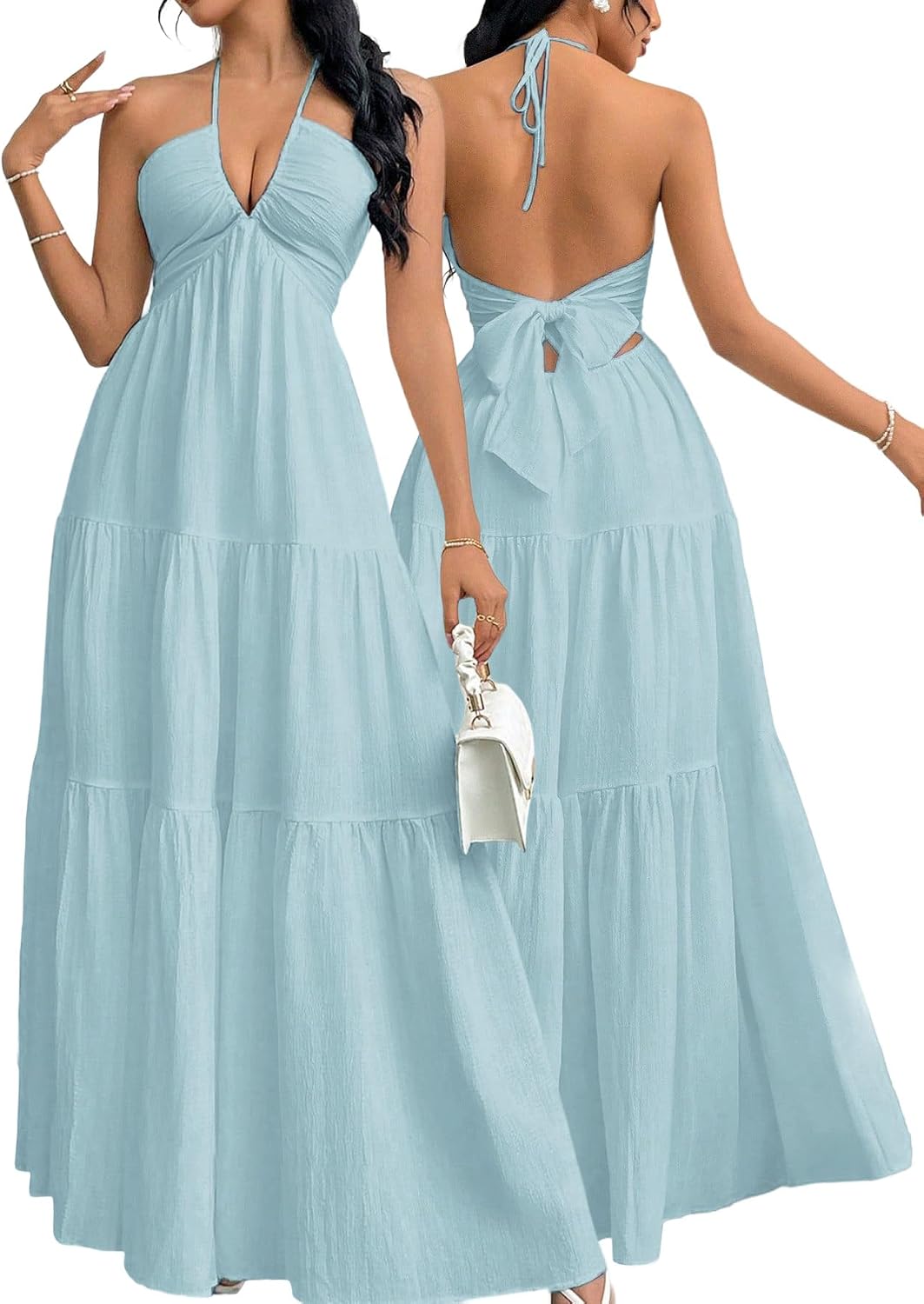 Narecte Women's Maxi Summer Dresses Halter V Neck Beach Dresses for Women A-Line Casual Dress for Vacation