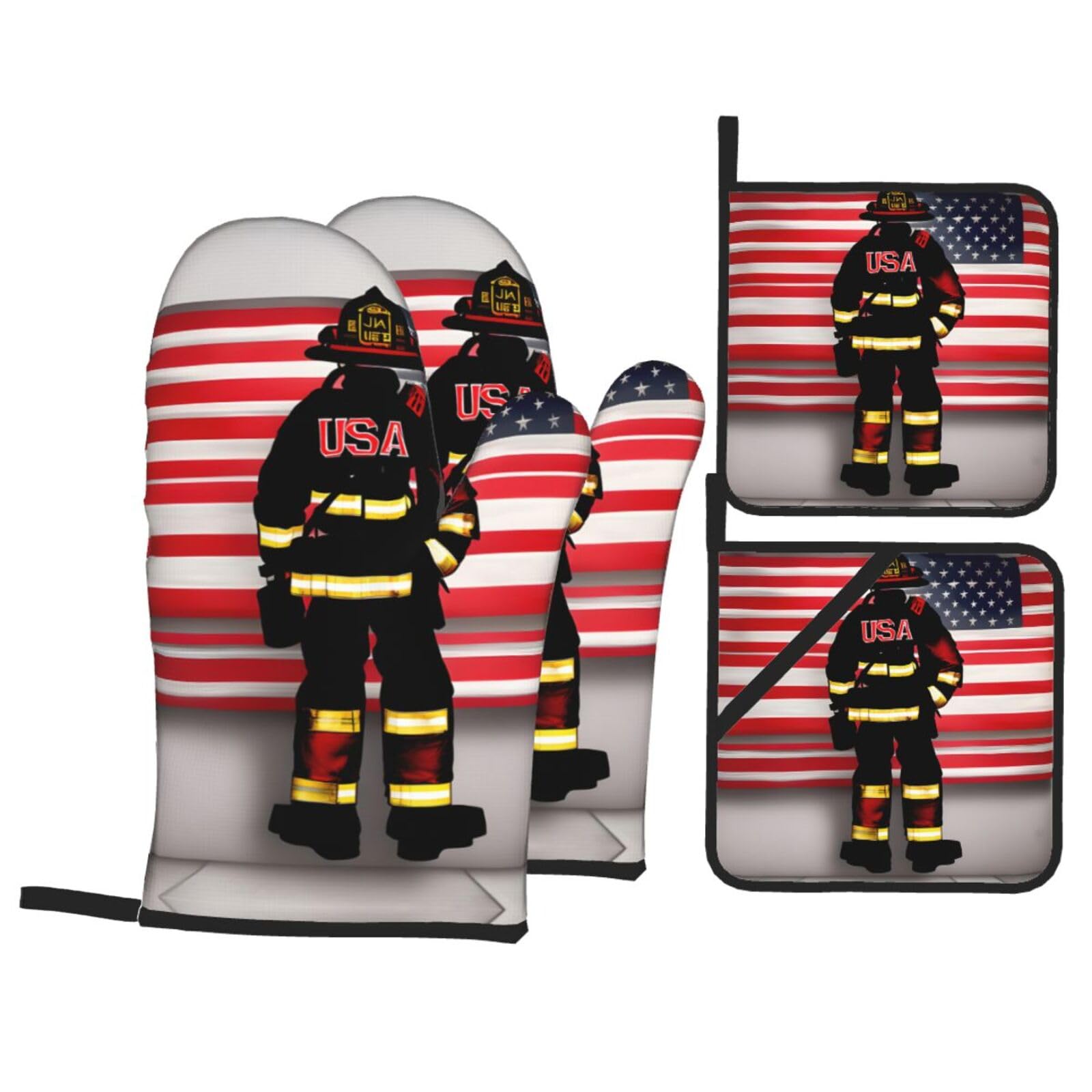 Nimongt Black Red Stripe Firefighter Usa Flag Print Heat-Resistant 4-Piece Oven Kitchen Gloves For Baking Cooking Microwaving Essentials