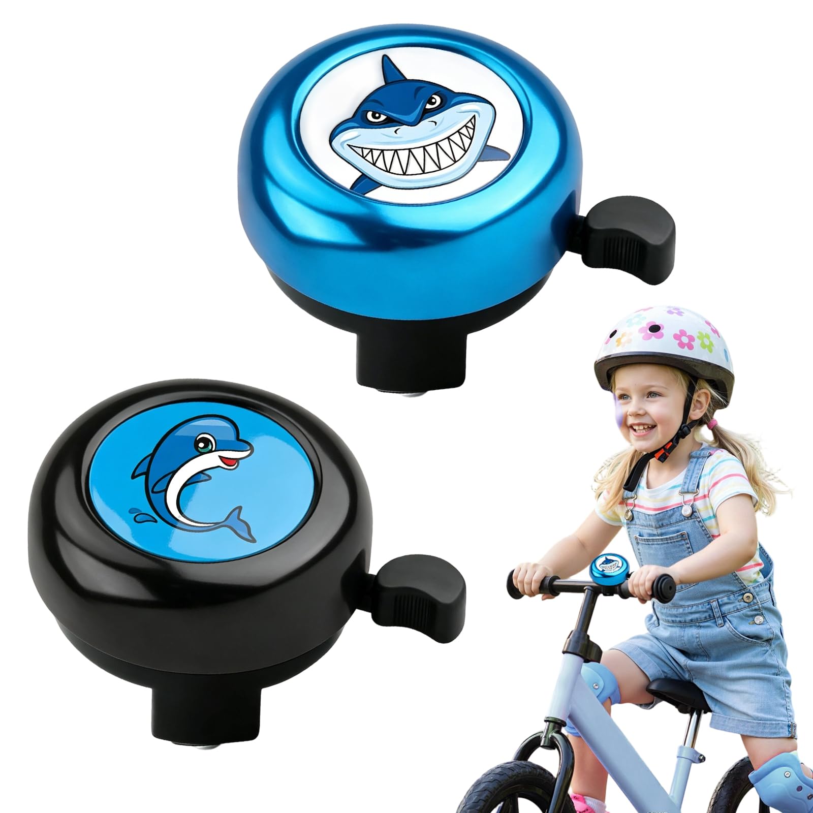 2 Stück Kinder Fahrradklingel mit Meeresmotiven, Blau mit Hai und Schwarz mit Delfin, Passend für Lenker bis 55mm, Einfache Montage Sport & Freizeit