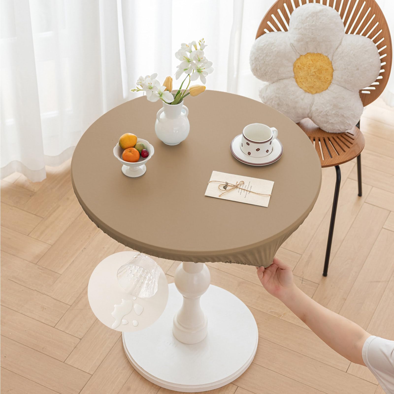Morbuy Round Tablecloth Outdoor Wipe Clean Waterproof PU Leather Table Cloths Stain Resistant Wipeable Kitchen Table Cover with Elastic Edges for Home Party (Camel,Table Diameter 150cm) โ image 1