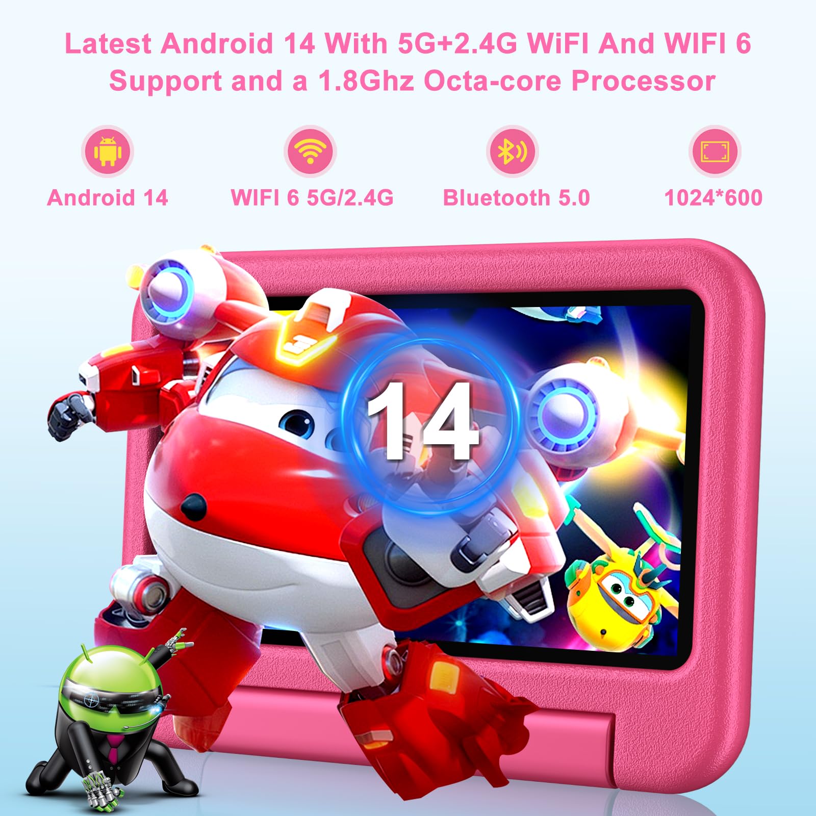 Tablet per Bambini Andorid 14 Tablets 7 Pollici 10GB RAM + 64GB ROM (TF 1TB), 5G WiFi 6, BT5.0, Octa-Core, Controllo Parentale | Doppia Fotocamera | GMS Certificated | GPS | Tablet con Custodia - Rosa