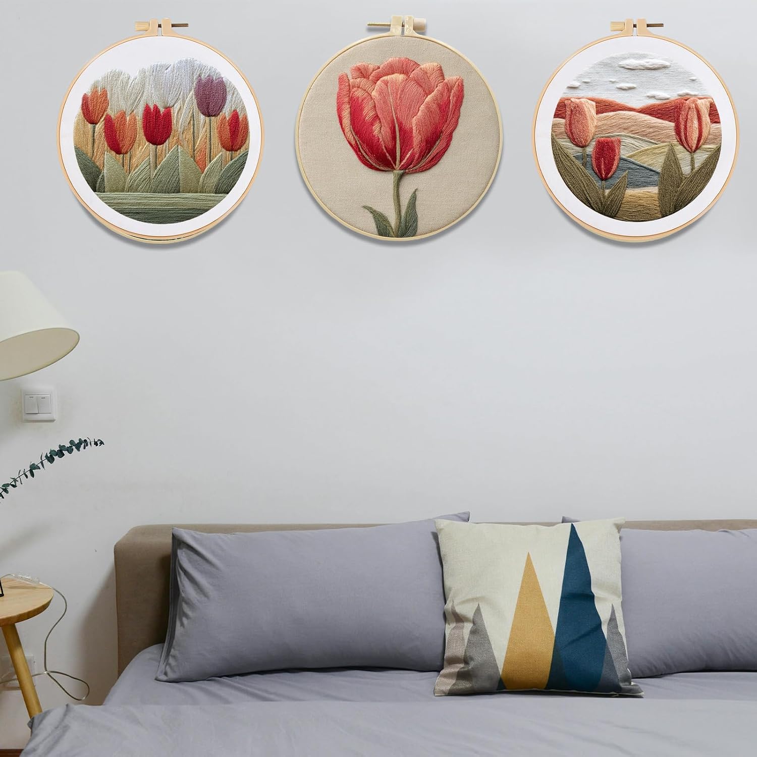 FONNUY Embroidery Kit for Beginners, Tulips Flowers Pre-Stamped Pattern Kits for Adults with Hoop, Easy to Follow Color Thread Needlework, 8'' Hoop (Red)