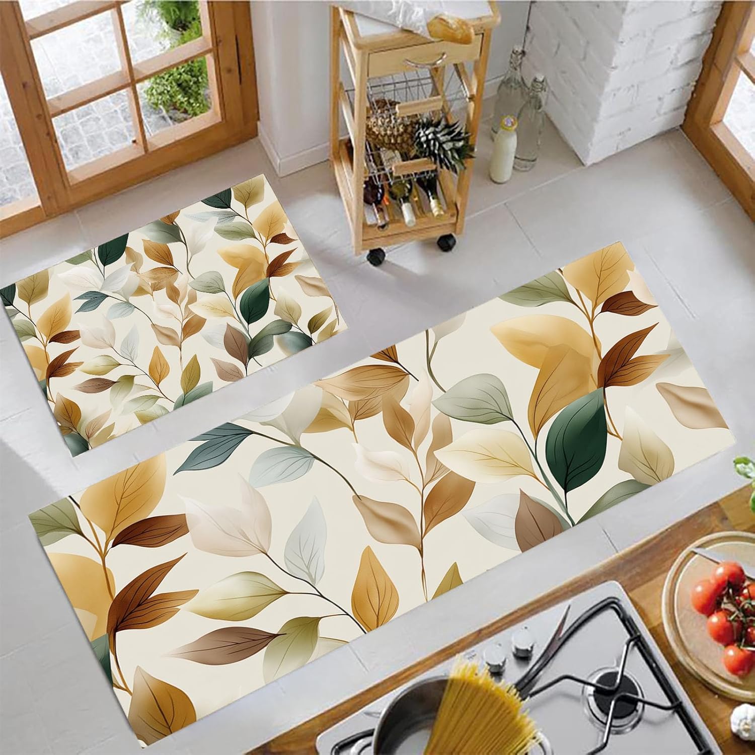 Natural Leaves Carpet Runners for Kitchen Non-Slip Watercolor Plants Kitchen Rug Runner Washable Short Pile Floor Mat for Entryway Bedroom Laundry Room, Beige, 17″X29″+17″X59″