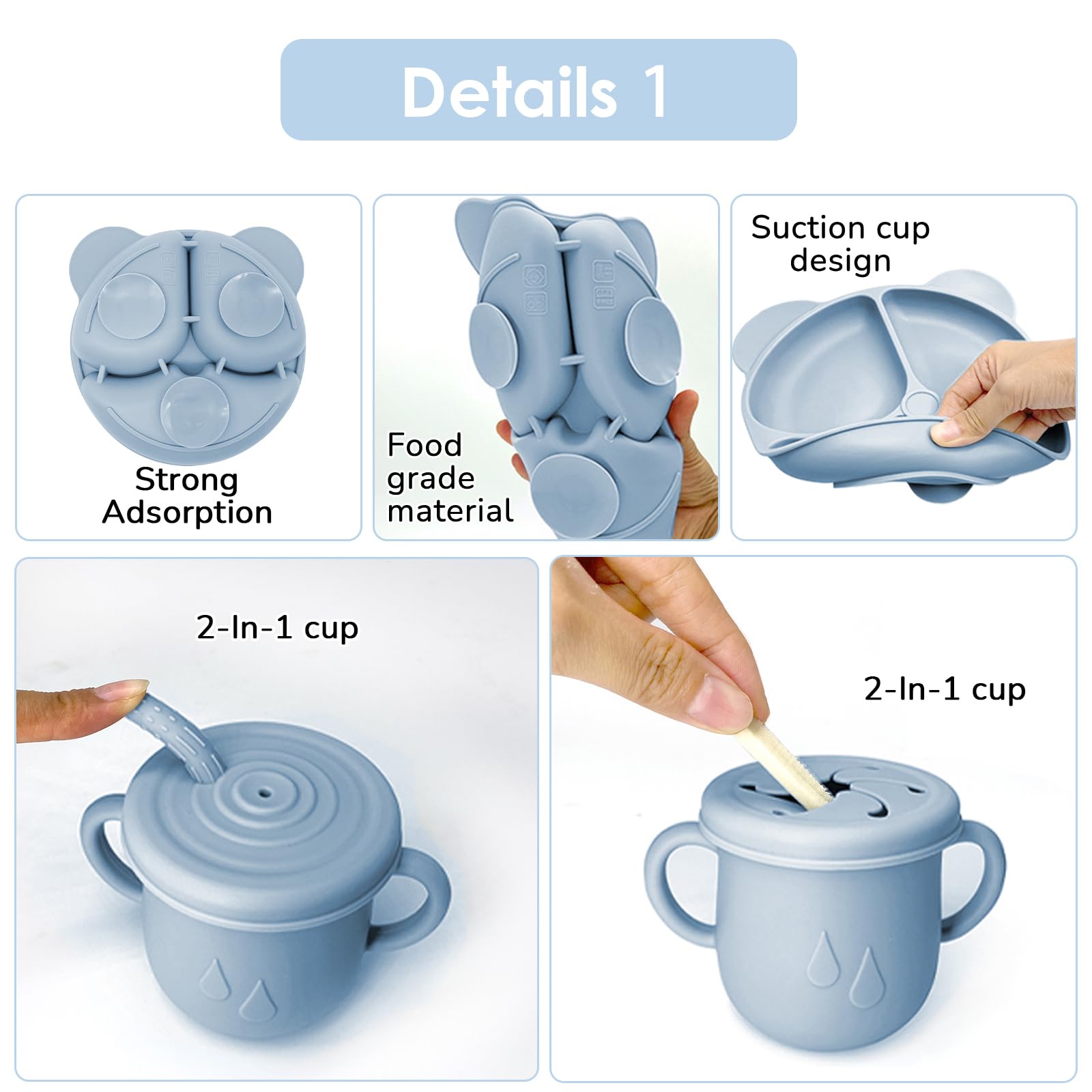 14 Stücke Silikon Baby Geschirrset, Kindergeschirr Baby-Teller Rutschfest mit Saugnapf, Schüssel, Lätzchen, löffel, Gabel, Trinklernbecher, Fruchtsauger Set, Baby Led Weaning Besteck Set (Blau)