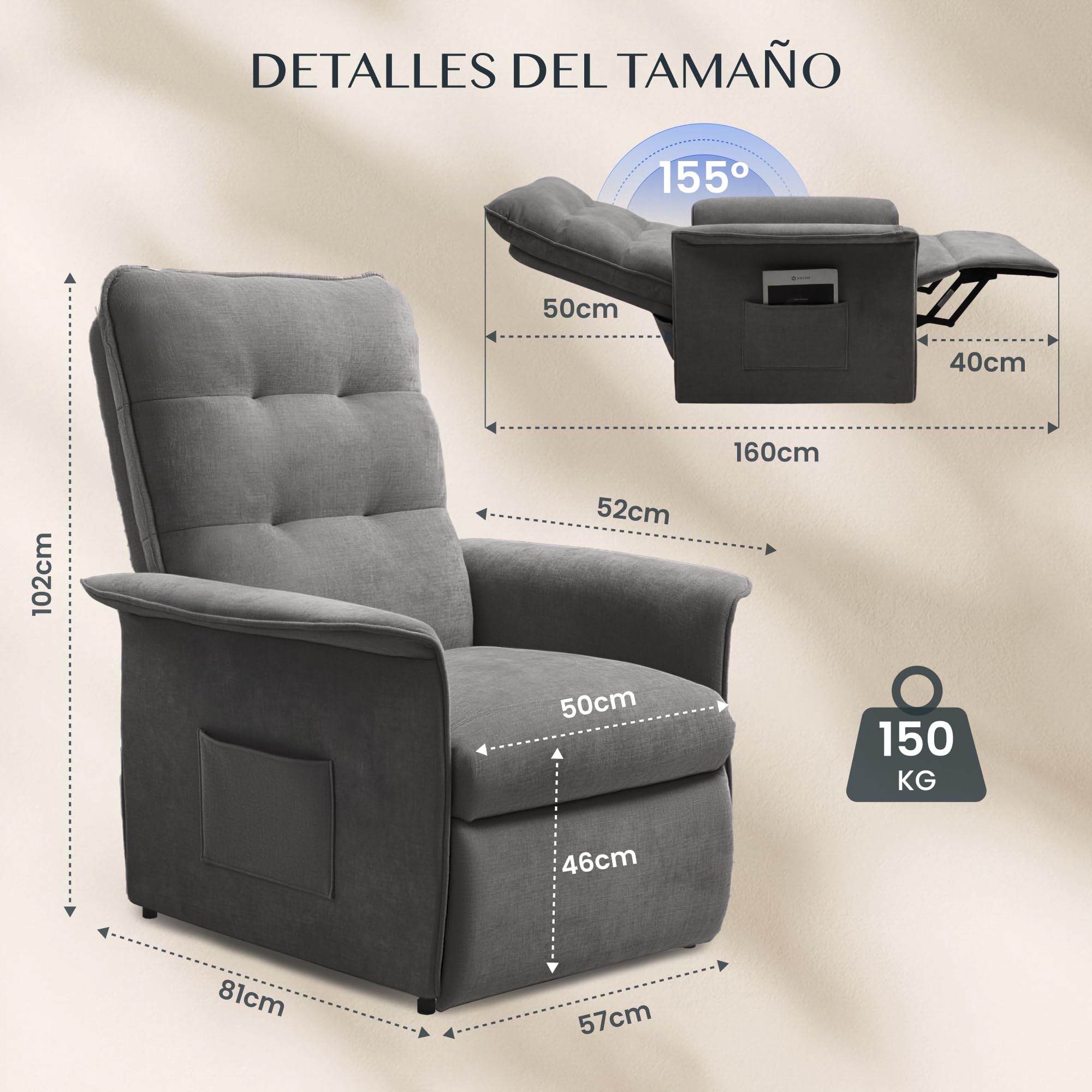 FLEXISPOT Sillón Relax Eléctrico Reclinable, Sillón Reclinable, Sofá Relax Ergonómico para Salón, Dormitorio y Cine en Casa, Sofá Relax Ajustable Ahorro de Espacio para Pisos Pequeños, Gris Humo