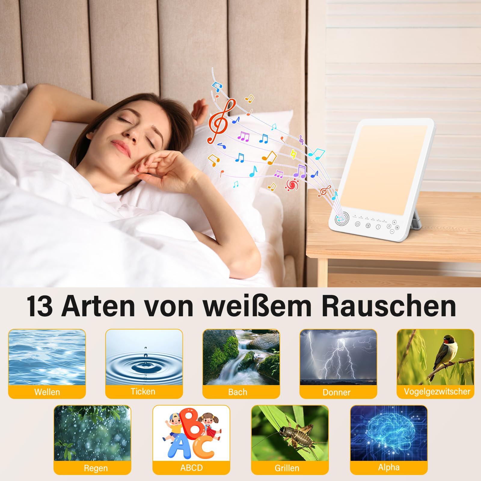 Tageslichtlampe 10,000 Lux Lichttherapielampe mit 13 Weißes Rauschen, 3 Farbtemperaturen, 5 Helligkeitsstufen & 6 Timer, Sonnenlicht lampe Tageslichtleuchten mit Memory-Funktion, UV-Frei