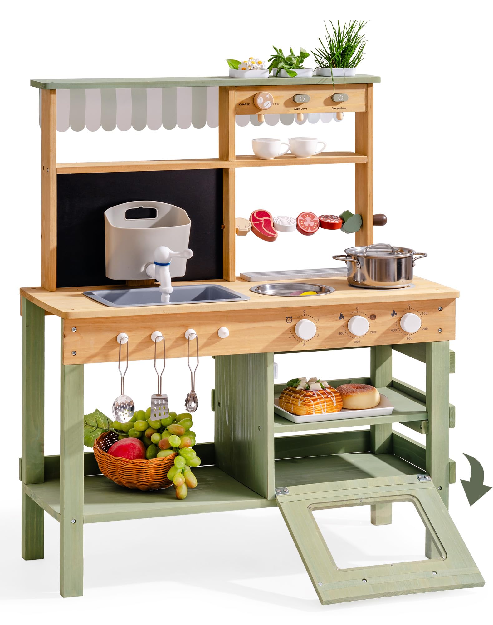 ROBOTIME Set da Cucina in Legno per Bambini, Cucina Esterna Deluxe con Rubinetto Funzionante, Lavagna, BBQ, Ampio Spazio di Stoccaggio, Lavandino da Giardino e Accessori da Cucina, Gioco di Ruolo per