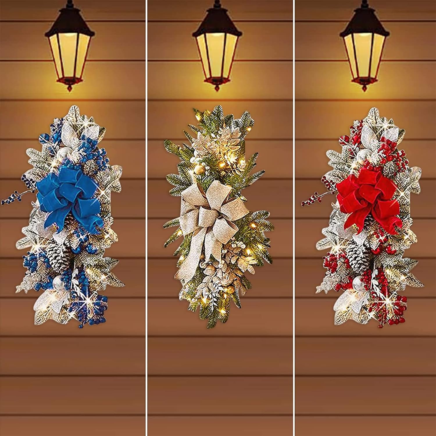Light Up Christmas Swag Wreath 2024 -Cordless Prelit Stairway Swag Trim -Christmas Swag Wreaths for Front Door Wall Window -Hanging Stair Teardrop Swag Garlands -Hanging Ornament Decor 2pcs (Gold)