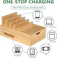 Vista 2 de Bamboo Charging Station for Multiple Devices, Desktop Charger Organizer with Tray& Drawer, Wooden Docking Station for Smart Devices, Cell Phone