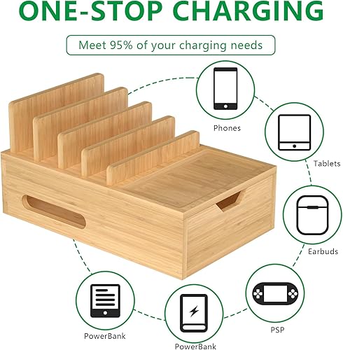 Miniatura 2 de Estación de carga de bambú para múltiples dispositivos, organizador de cargador de escritorio con bandeja y cajón, estación de acoplamiento de