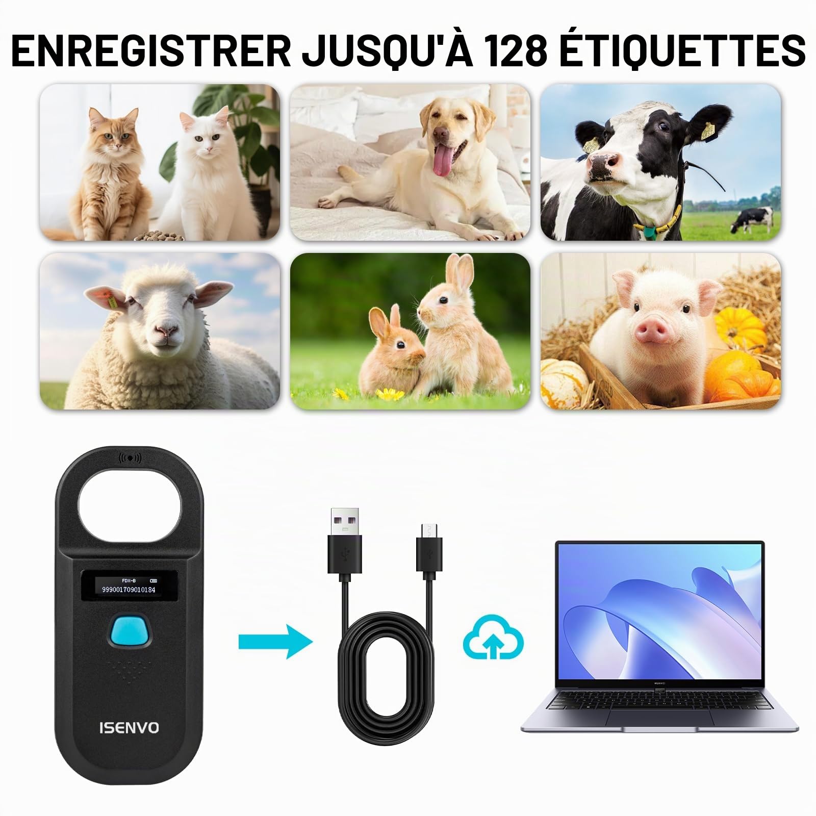Lecteur de Puces pour Animaux Rechargeable RFID EMID pour Animaux Domestiques 134,2 kHz 125 kHz 15 Chiffres pour Animaux de Compagnie/Animaux de Compagnie/Cochons/Chiens/Chats (190 A)