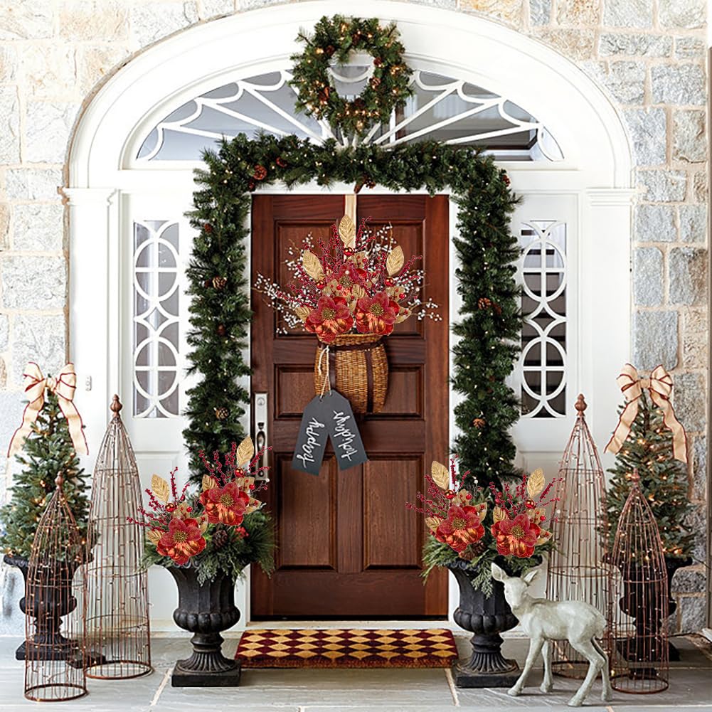 Briful Púas florales grandes de Navidad, flores artificiales de magnolia, bayas sintéticas y adornos de bolas de Navidad para decoración del árbol de Navidad (rojo)
