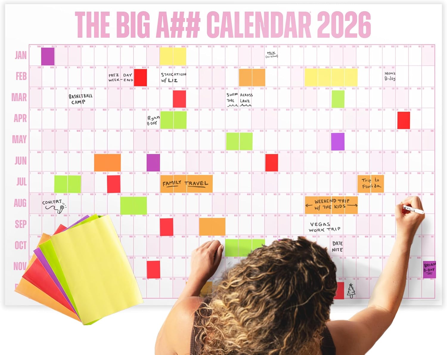 The Big A## Calendar Yearly Wall Planner  January to December Dry-Erase  Includes 1 Marker & 100 Labels  Lightweight, Easy to Hang Yearly Planner  Plan Goals & Adventures  Pink, 4x3
