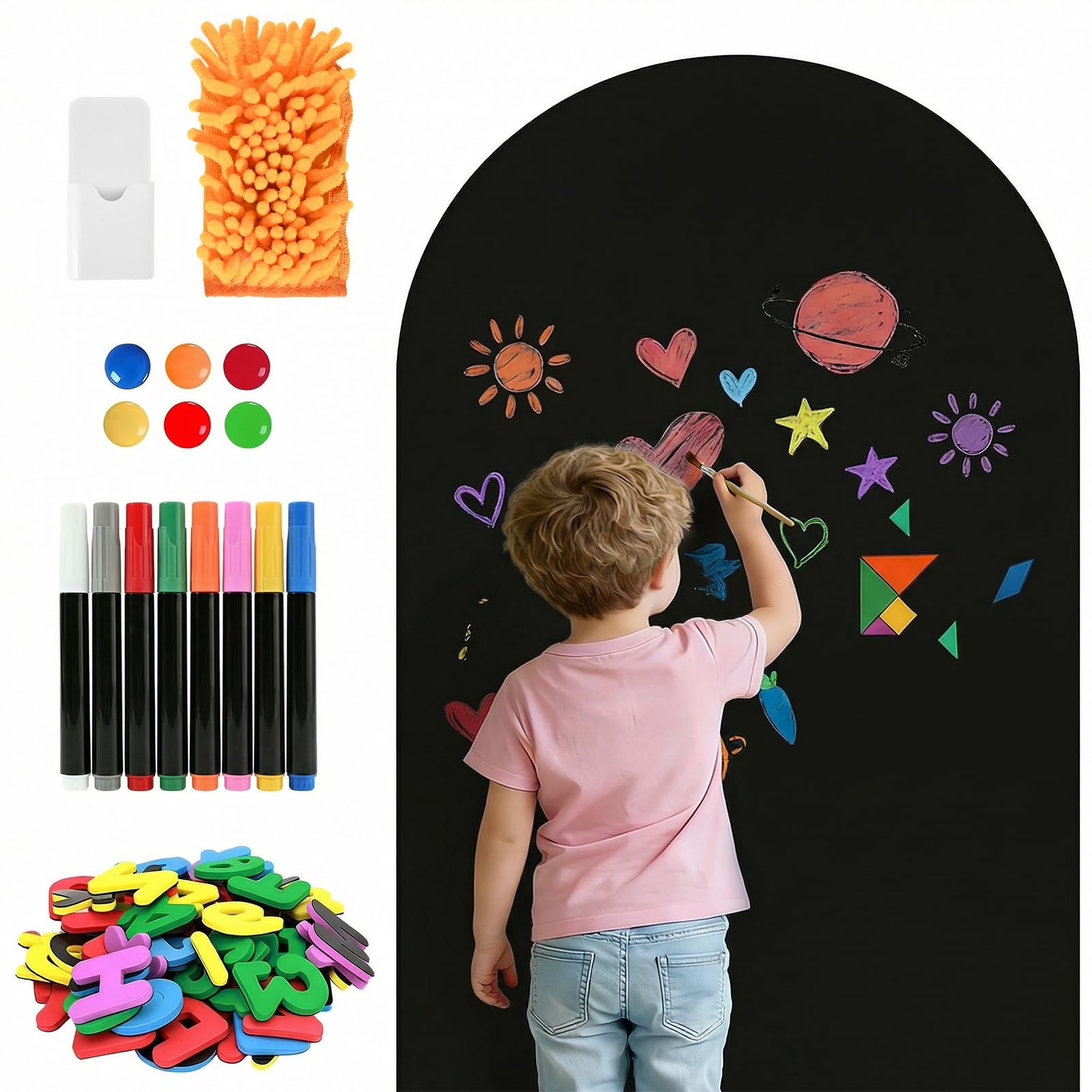 Magnetic Wall Decal 100x45 cm - Arch Self-Adhesive Magnetic Wall Sticker Self Adhesive Chalkboard Message Board Set with 8 Liquid Chalks Multiple Accessories for Home Playroom School (Black)
