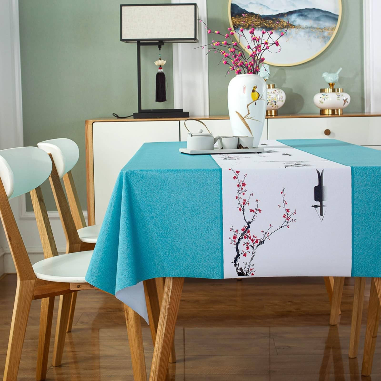 Tovaglia Decorativa Rettangolare, Tovaglie 140 x 300 cm Patchwork con motivo a fiori di pruno in PVC Copritavolo per Tavolo da Pranzo, Cucina, Festa Compleannolago Blu