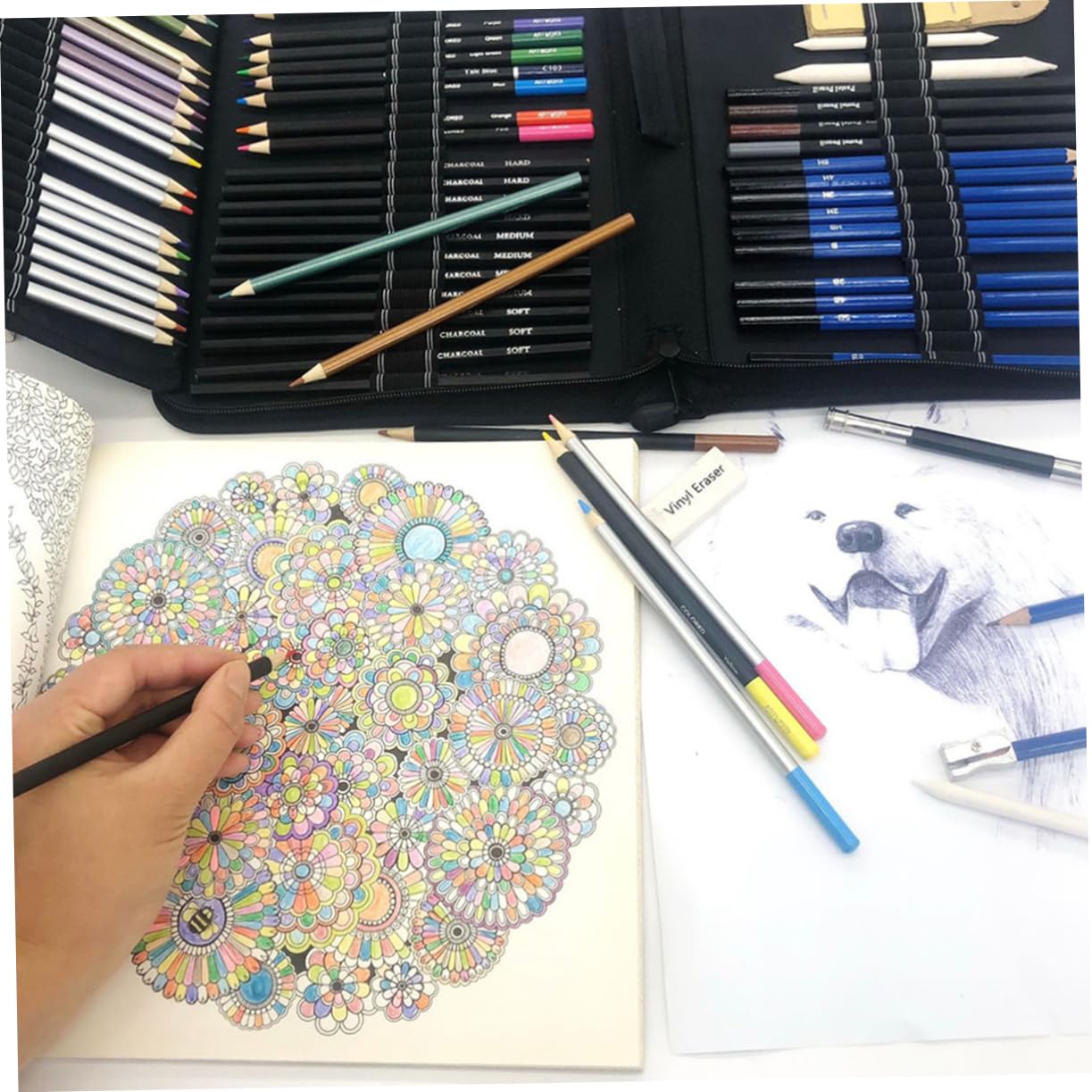 Kit de Dibujo Profesional Lápices de Madera Negros, Material de Plástico y Lienzo, Resistente y Duradero, Adecuado para Bocetos y Colorear Artísticos