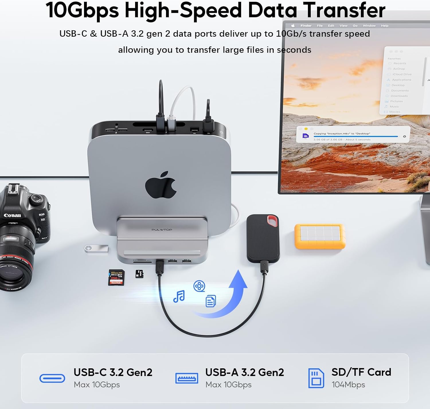 Mac mini Hub M1 M2 with M.2 SSD Enclosure (NOT for M4 2024), 8-in-1 Vertical Mac mini Dock Stand with USB A/C 3.2 10Gbps, 2 x USB A 2.0, SD/TF Slots, 3.5mm Audio Mic Jack