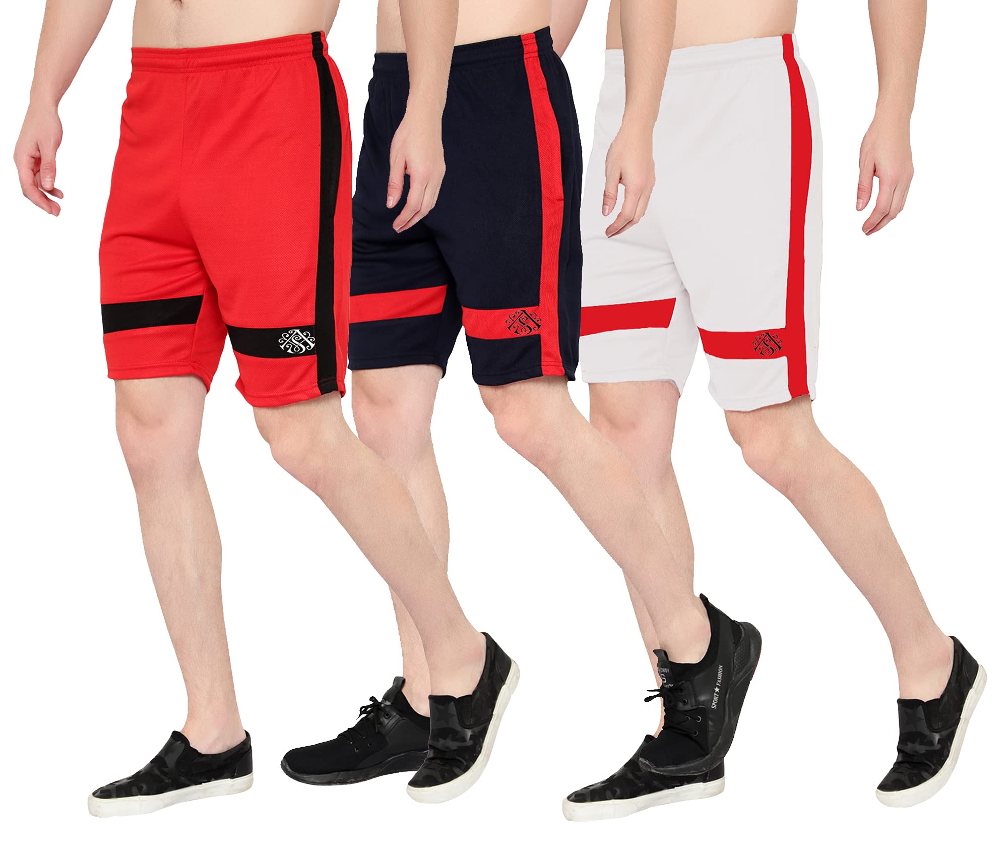 Unisex Breathable Polyester Running Sports Gym Shorts Pack of 3 (Red, Black, White, 32)-image-45