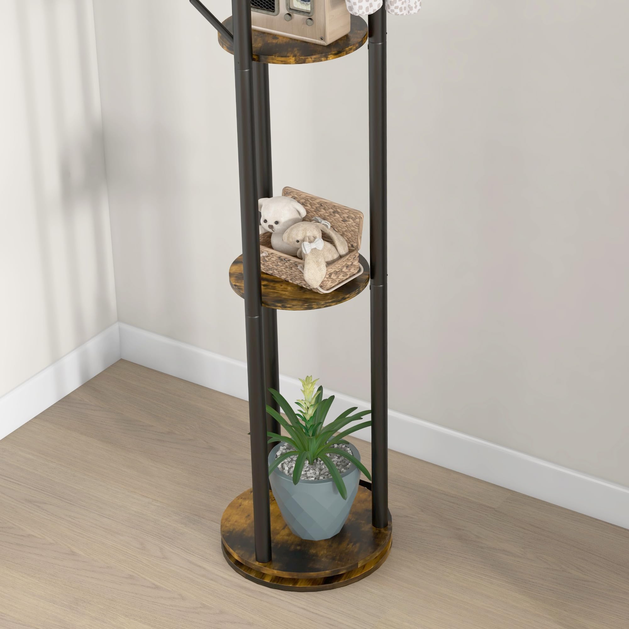 HOMCOM Appendiabiti da Terra Girevole con 8 Ganci e 4 Mensole, Attaccapanni Stile Industriale per Ingresso e Camera, Ø30x175cm, Marrone