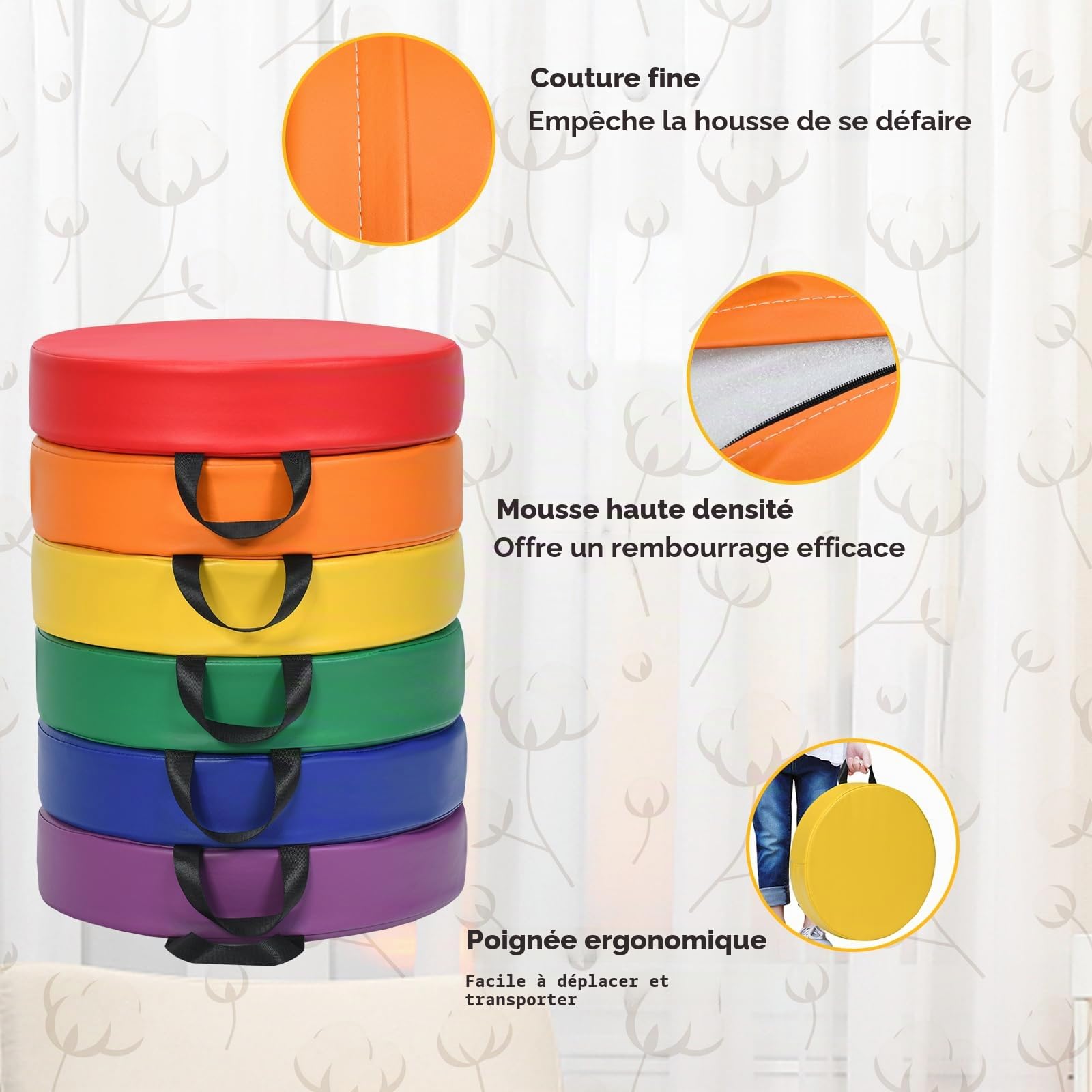 LIFEZEAL Lot de 6 Coussins de Chaises pour Enfants, Galette de Chaise en Mousse et PU, Coussin de Sol Empilable Multicoloré avec Poignée, 38x38x8 CM, Intérieur et Extérieur (Rond Arc-en-Ciel)