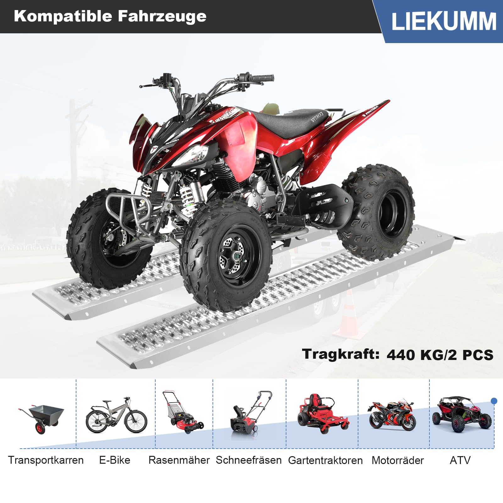 LIEKUMM 2 rampe di carico da 153 x 22,5 cm, portata 440 kg, per moto | Rampa di carico in acciaio per rimorchi, auto, garage, moto elettriche, ATV, officina, magazzino, moto