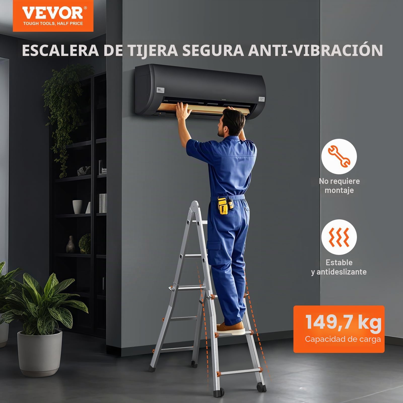 VEVOR Escalera Telescópica con Estructura en A Escalera Extensible 288 cm Escalera Plegable Portátil para RV, Tareas Escolares, Escalera de Techo para Interiores y Exteriores Carga de 149,7 kg