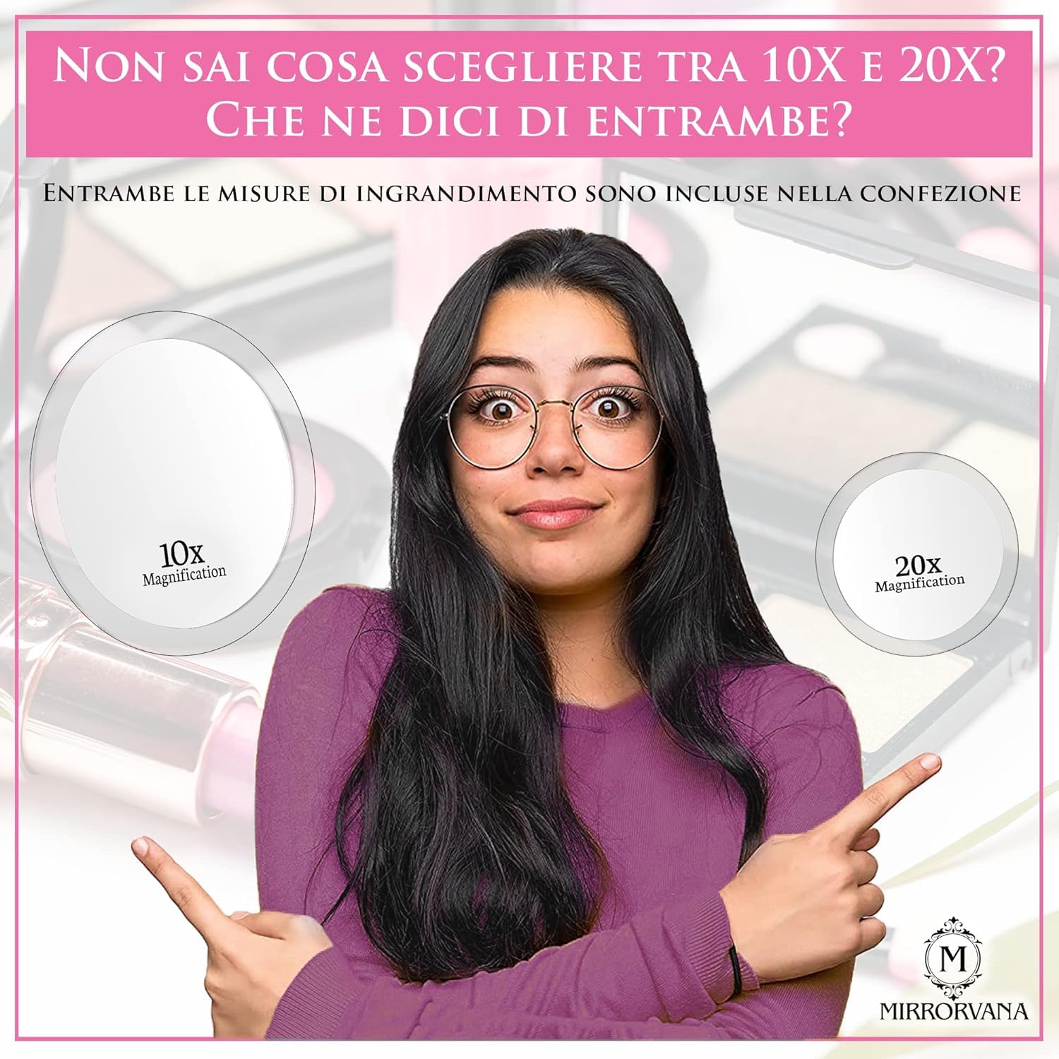 Mirrorvana Specchio ingranditore 10X e 20X con ventosa - set di 2 specchi trucco rotondi senza luce per make up e cura del viso - diametro 15 x 10 cm