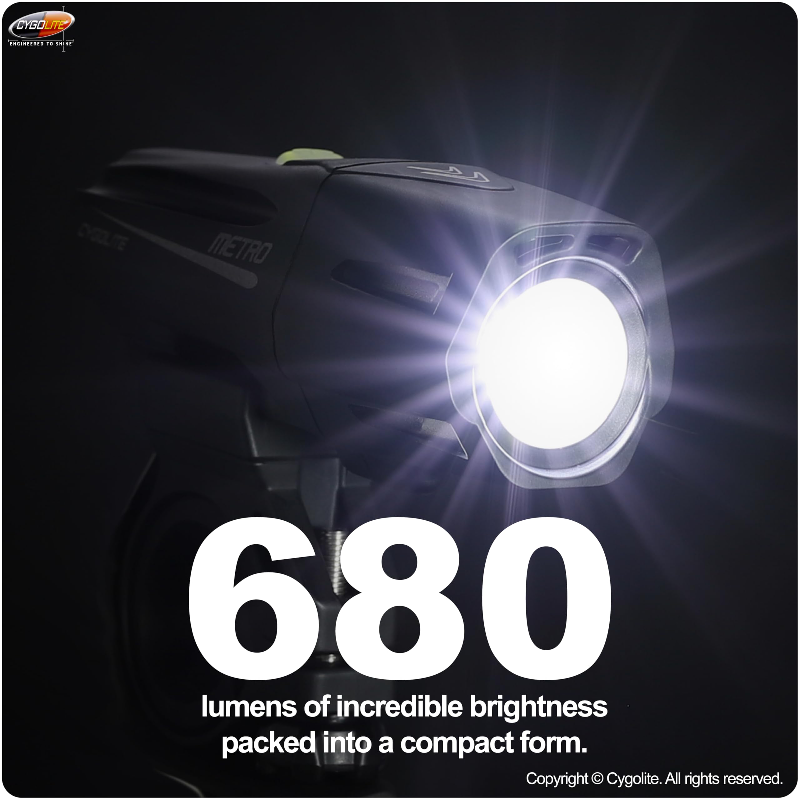 Cygolite Metro Plus 680 Lumen USB-C Luce Bicicletta - 8 Modalità di Luce - Uso Giorno e Notte - Compatto, Durevole, Impermeabile IP67 - Supporto rigido sicuro - per bici da strada, montagna, pendolari
