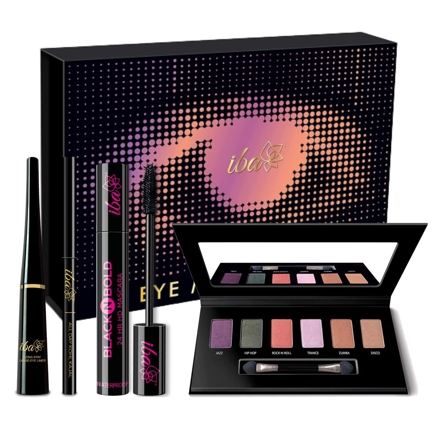 Iba Eye Makeup Gift Set For Women | Includes Kohl Kajal Black , 24Hr HD Mascara, Long Stay Liquid Eyeliner, Eyeshadow (Party vibes) Smudge Proof, Highly Pigmented with Waterproof Eye Makeup | Halal