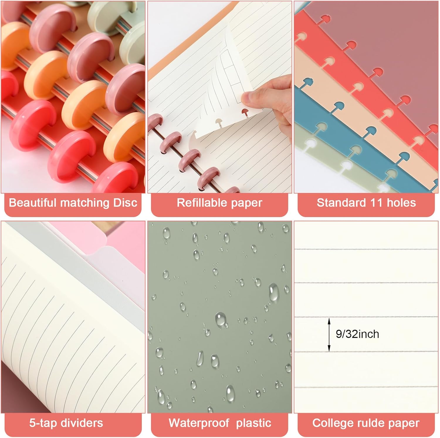 Glenmal 4 Sets Discbound Notebook, 8.5" x 11" Customizable Notebook Letter Size Includes Discs 5 Tab Note Dividers College Ruled Removable Pages Refillable Subject Journal for Office(Vibrant Color)