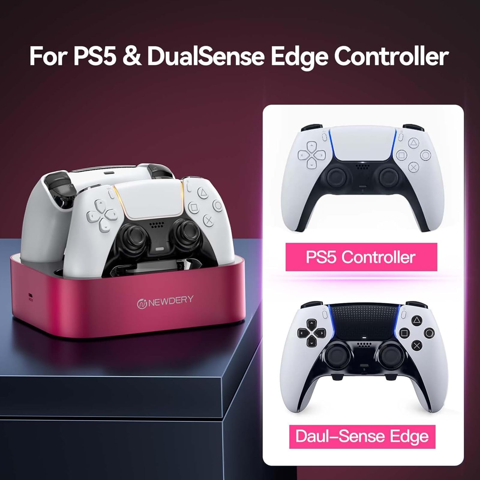NEWDERY Stazione di ricarica per controller PS5 compatibile con Dualsense Edge, stazione di ricarica rapida con cavo, stazione di ricarica doppio controller per PlayStation 5 e Dual-Sense Edge