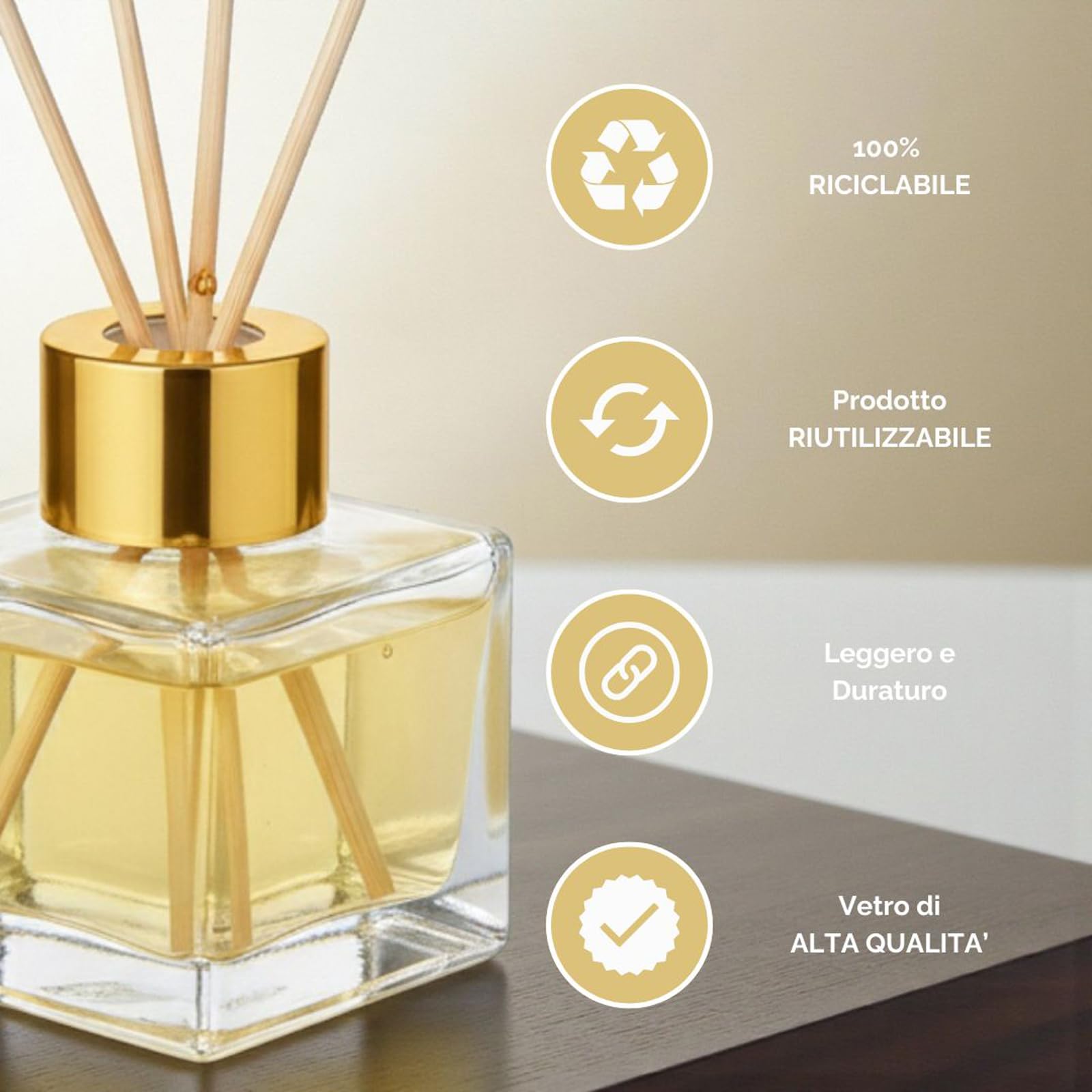Doni Bomboniere - 50 leere Glasflaschen à 50 ml mit Holzstäbchen für Raumduft - Diffusor für ätherische Öle für Zuhause, Badezimmer, Wohnzimmer, dekorative Möbel (Gold)