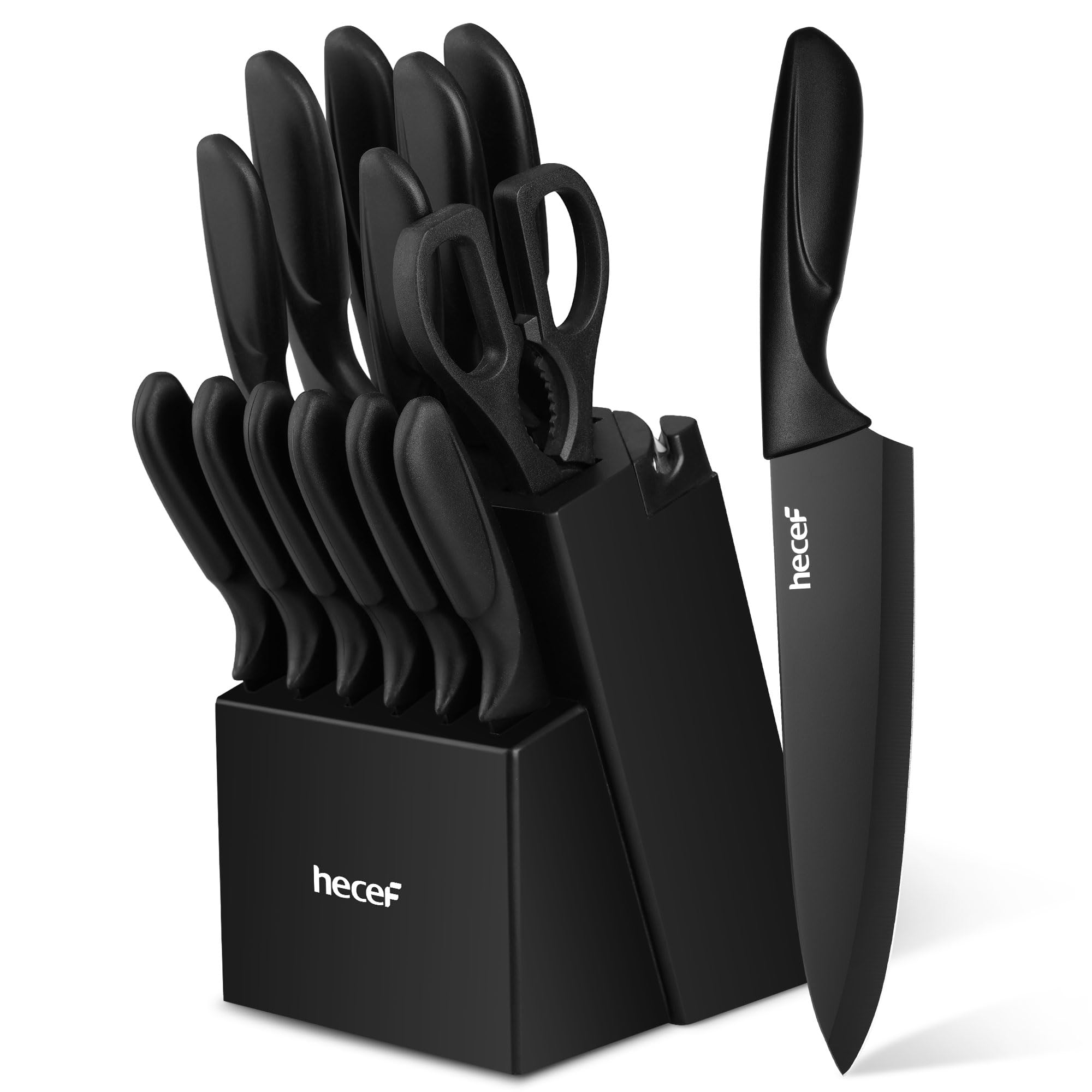 hecef Set de Couteaux de Cuisine 14 Pièces, Bloc Aiguiseur Intégré, Noir | Acier inoxydable, revêtement antiadhésif, manches ergonomiques, gain de place, idéal pour équiper une première cuisine