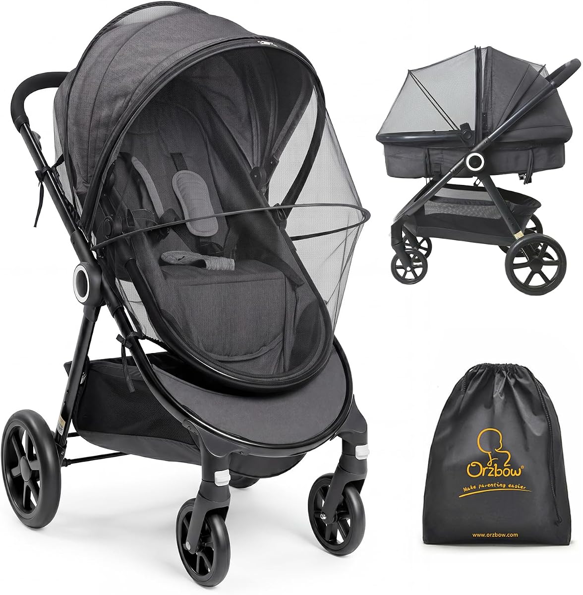 Orzbow Baby Mosquito Net for Stroller, Universal Fit, Breathable, Black | Tear-Resistant Mesh, Insect Barrier w/Travel Bag for Stroller, Car Seat, Bassinet, Cradle, Mini Cribs, Baby Summer Essential