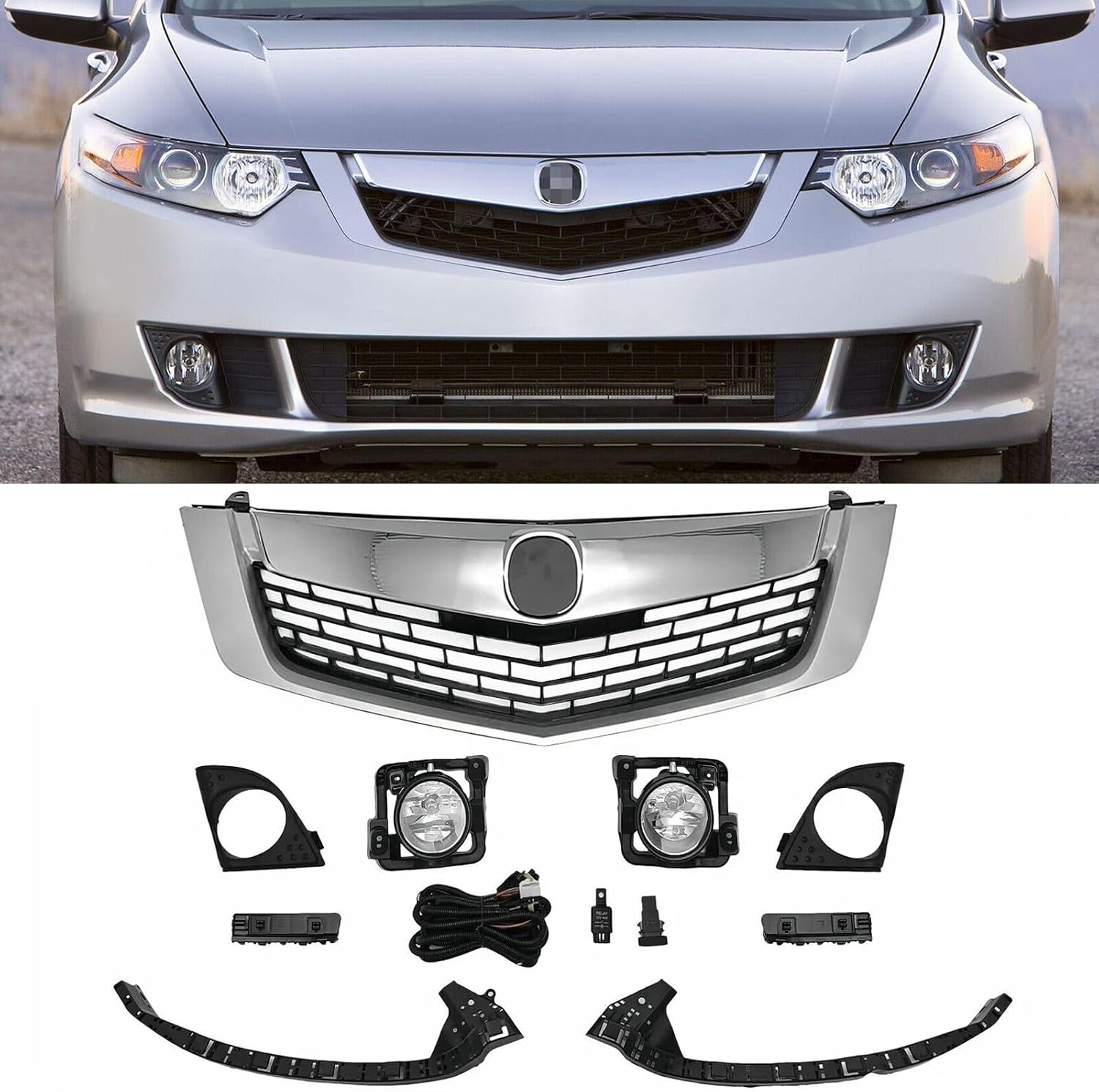 Fog lights Cover Headlight Brackets Bumper Chrome Grill 9 Pcs Set Fit for Acurra TSX 2009-2010 Grille Fog lights Bracket Kit