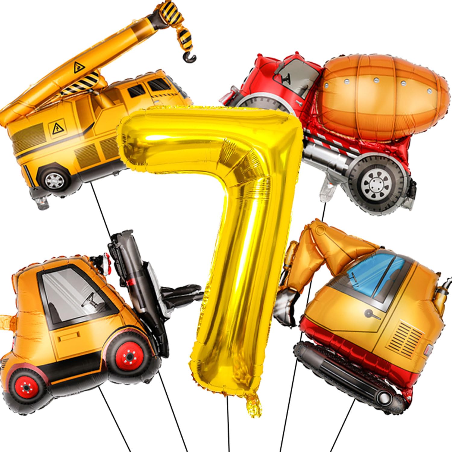 Large Gold Number 6 Balloons, Construction Truck Foil Balloons for Boys 7th Birthday Party Decorations