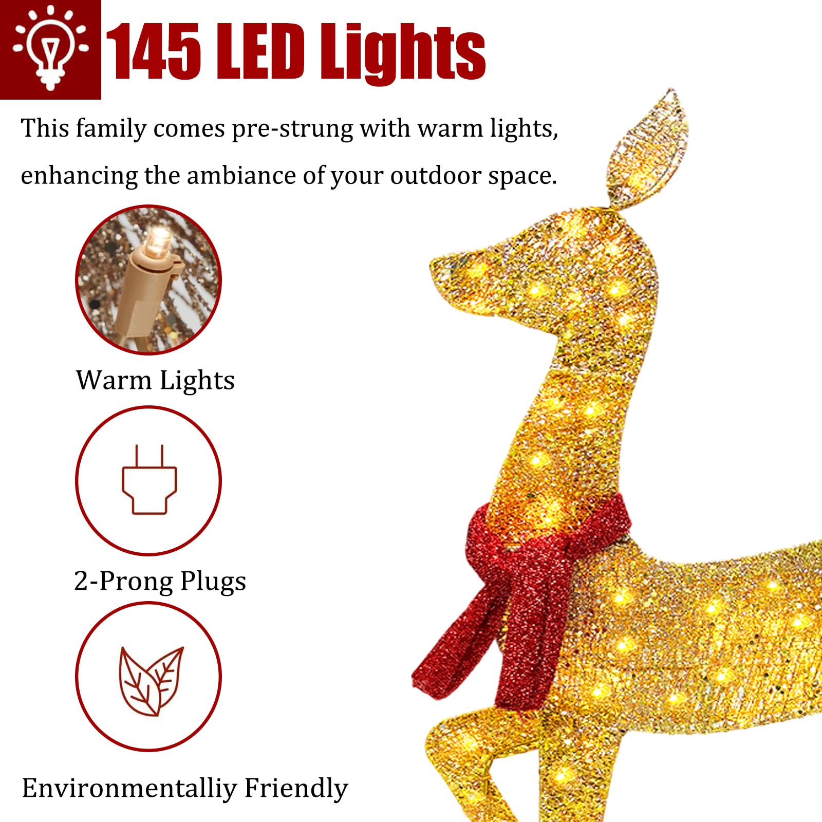 2025 3-teiliges 2D-beleuchtetes Weihnachts-Hirsch-Familien-Set, 1,2 m Outdoor-Weihnachts-Hirsch-Set, Dekoration mit 145 LED-Lichtern, Stecker für Urlaub, Vorhof, Veranda, Innendekoration, Gold