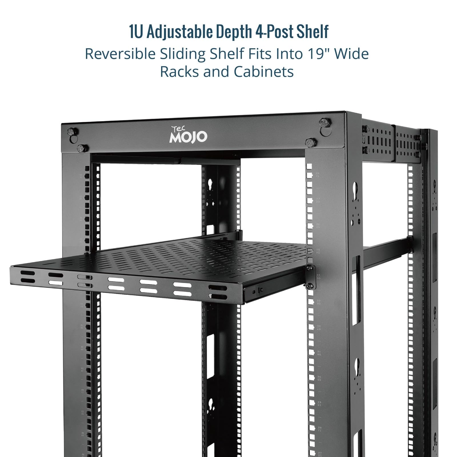 Tecmojo 1U 4-Pfosten-Server-Rack und Netzwerk-Rack, Schieberegal, verstellbare Tiefe 55 cm ~ 89,9 cm, mit M6-Schrauben und Anti-Rutsch-Stopp
