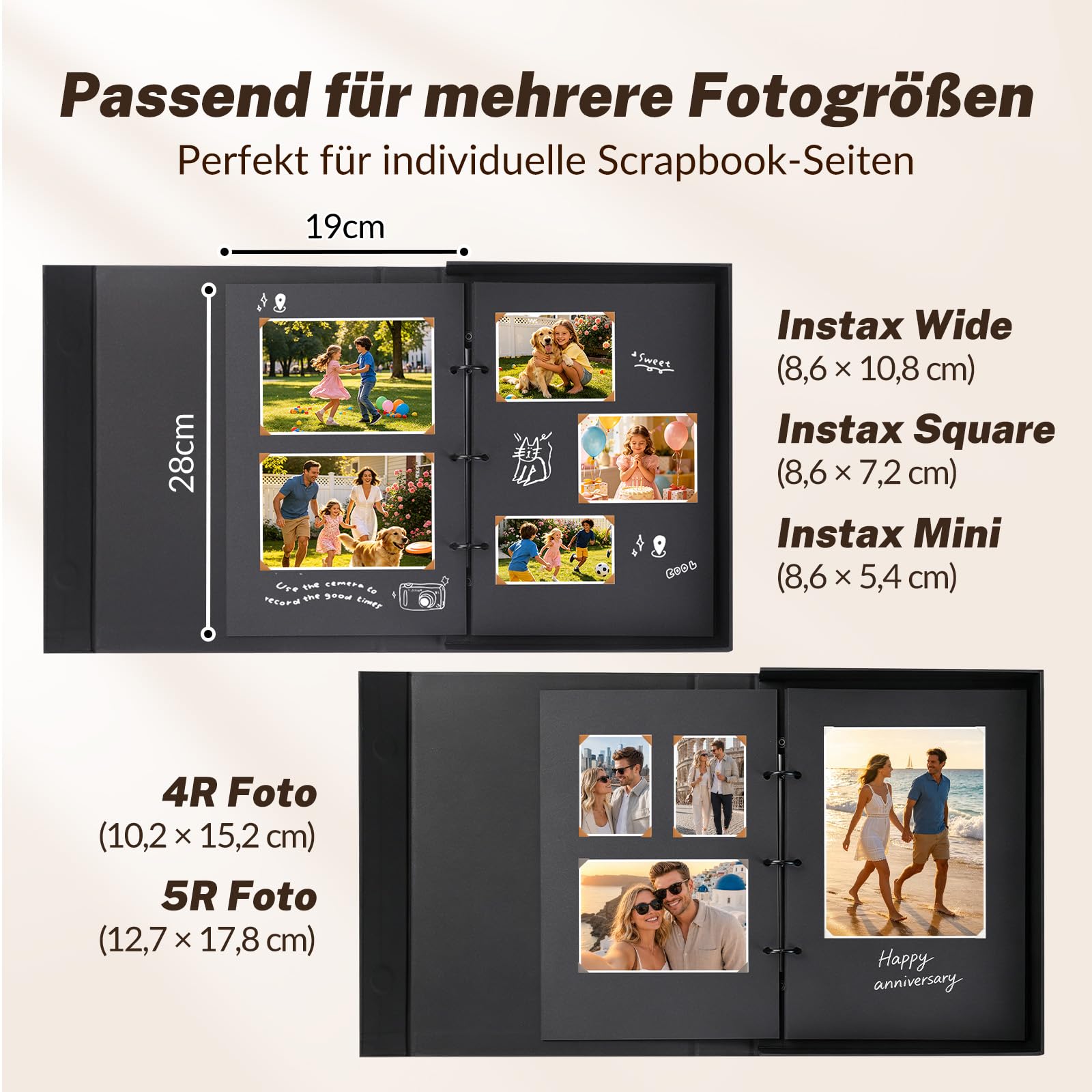 DazSpirit Fotoalbum zum Selbstgestalten, Scrapbook Album mit 70 Schwarze Seiten, 3-Ring-Fotobuch zum Einkleben, mit Fotoecken & Stift, Gästebuch für Hochzeit Geburtstag Geschenk (Schwarz)